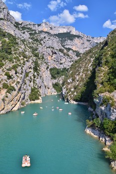 The Verdon gorges in Provence / The gorges of the Verdon in Provence with tourists in boats and canoes