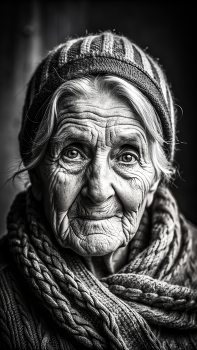 Grace of Time / A captivating black and white portrait of an elderly woman, showcasing the intricate details of her age-worn face. Her expressive eyes, framed by deep wrinkles, tell a story of resilience and wisdom. She wears a knitted cap and scarf, adding a touch of warmth and comfort to her appearance.