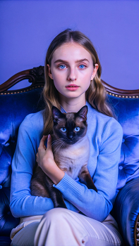 Girl with a Siamese Cat in Blue / ***