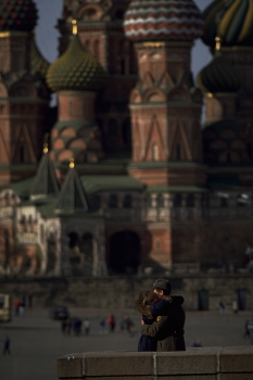 From Russia With Love / Romantic reunion between a Russian Soldier and his girlfriend in Moscow's Red Square with The Cathedral of Vasily the Blessed (Saint Basil's Cathedral) in the background.

One service a year is held in the Cathedral, on the Day of Intercession in October.

https://travelnotes.org/pics/Europe/02-From_Russia_With_Love.htm