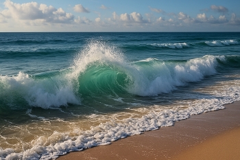 Emerald Crest / A high-resolution, photorealistic capture of a turquoise wave curling toward a sandy shore under a clear blue sky. Sunlight filters through the translucent crest, highlighting the foam’s intricate detail and the gentle gradient of the shallow waters.