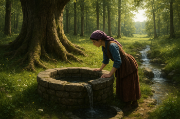 The Well Beneath the Old Tree / A photorealistic daytime forest scene with a young woman in rustic attire leaning over a mossy stone well beside an ancient tree, as a small stream and wildflowers surround her under golden sunlight.