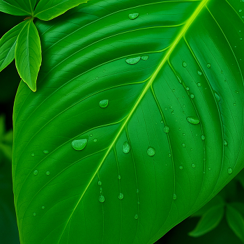 Tropical Leaf with Dewdrops / A high-resolution macro photograph of a vibrant tropical green leaf, detailed with delicate water droplets glistening on its smooth surface, showcasing the beauty of nature’s patterns and textures.