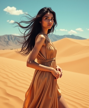 Desert Muse – Elegant Woman in Flowing Sand Dress Amid Golden Dunes / A stunning portrait of a graceful woman standing in the vast golden desert. Her flowing sand-colored dress blends beautifully with the dunes under the bright sun, creating a serene and timeless atmosphere. Perfect for fashion editorials, travel blogs, artistic projects, or cultural publications seeking natural elegance and warm tones.