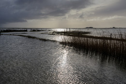 Landunter / Fotografiert auf der Hallig Langeneß im Februar 2018.
Das Wasser des Landunter war zwar nicht mehr auf dem höchsten Stand, aber die Hallig war noch überflutet und die Straßen und Wege unpassierbar.