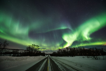 On the Way / Auf dem Heimweg von einer Polarlichtfotografie, staunte ich nicht schlecht, als neben mir der Himmel anfing grün zu leuchten. Also gleich rechts rangefahren und dann konnte ich dieses Polarlicht bestaunen.