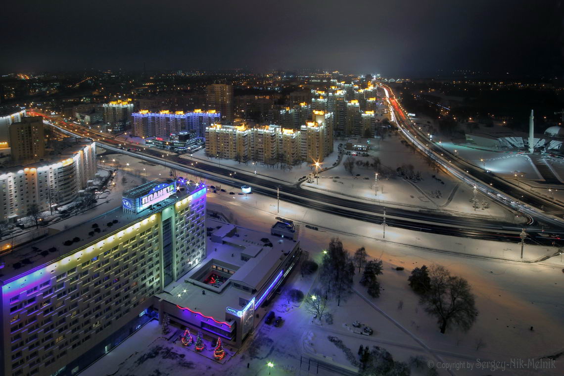 Фото минска 2023. Минск проспект победителей панорама. Минск проспект победителей ночной. Зимний ночной Минск. Ночной Минск с высоты.